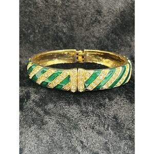 Bangle Bracelet Hinged Green Enamel With Rhinestones 3” Gold Tone